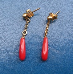 Earrings coral red genuine untreated blood of ox gold Italy drop heart