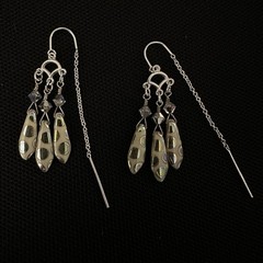 ESTATE STERLING SILVER PORCELAIN BEAD DANGLE CHANDELIER THREADER EARRINGS 1 3/4”