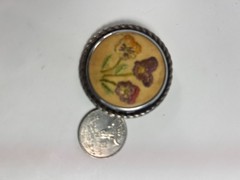 Antique Victorian Embroidered Silk Pansy Brooch Glass Dome Silver Tone Rope