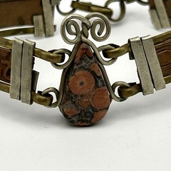 Leather Jasper Stone Bracelet Egyptian Revival Vintage Brass 6.75 in