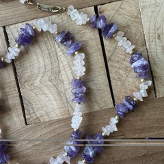 Vintage Hobe Rose Quartz Amethyst Nugget Necklace 28 Inch Gold Tone Bead Spacers