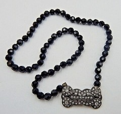 Estate LaVintage Black Faceted Glass Beaded Collar Length Necklace Ornate Clasp
