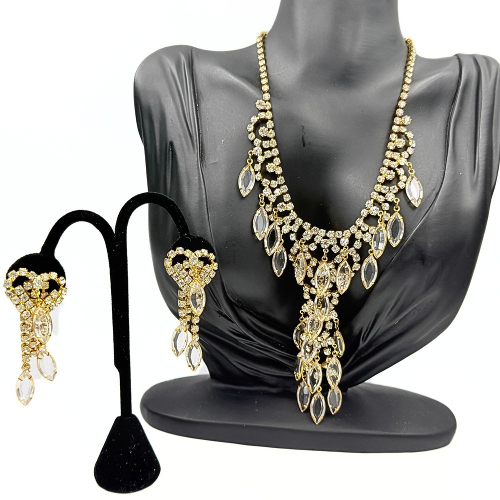 Vintage Juliana DeLizza Elster Waterfall Plated Marquise Necklace Earrings Set