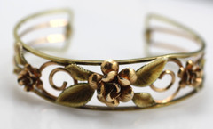Vintage roses & yellow gold tone/ plate leafy filigree cuff bangle bracelet
