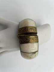 Vintage Clamper Tribal Bangle Horn Bone Brass Agate Gemstone Hinged Bracelet