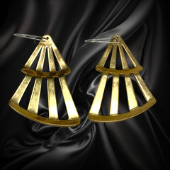 Vintage 80s Gold Tone Double Fan Dangle Earrings Geometric French Wire Art Deco