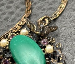 Vintage Victorian Revival Birds Green Cab Faux Pearl Rhinestone Pendant Necklace