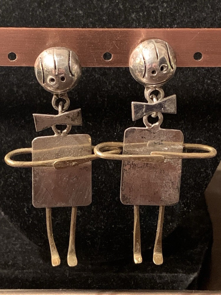 Vtg. Sterling Silver .925 & Brass Mexico Boys 2 1/2 Inch Earrings Some Tarnish