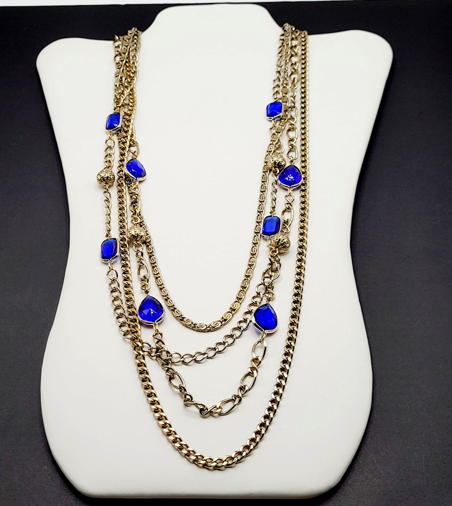 Maximalist Waterfall Gold Tone Multi Chain Beaded Station Vintage Necklace Korea