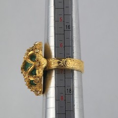 Vintage Green Glass Dome Ring Gold Tone Rhinestone Lattice Cocktail