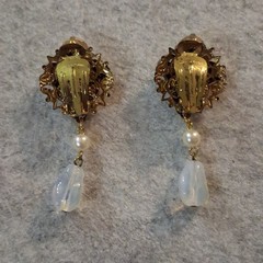 Vtg West Germany Opaline Moonstone Glass Faux Pearl Filigree Dangle Earrings