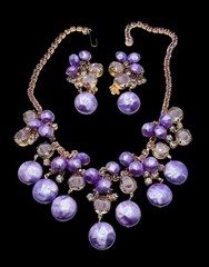 Vintage Juliana D&E Purple Rhinestone Pearl Necklace Earrings Set Book Piece