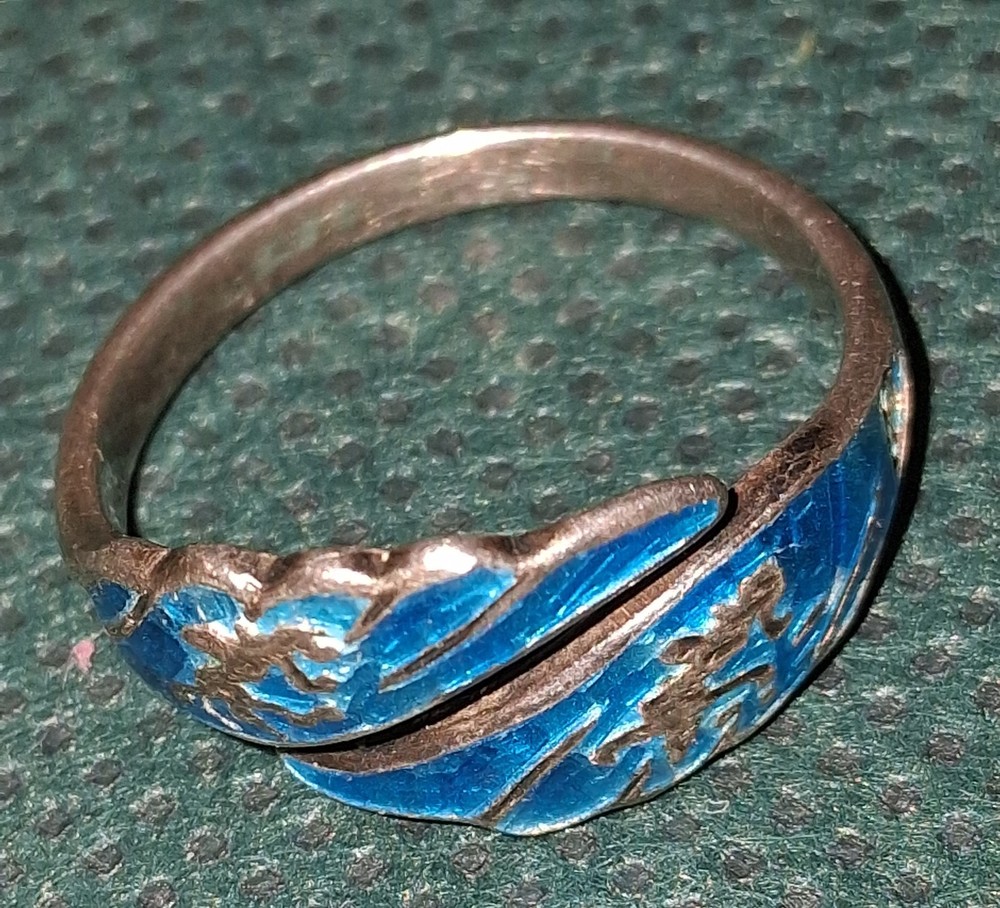 Vintage Siam Sterling Silver Blue Enamel Niello Bypass Ring Size 7 Thailand