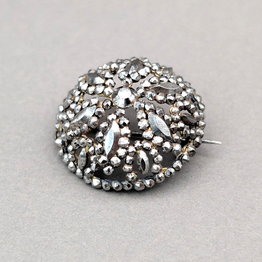 Antique Victorian Cut Steel Brooch 19th Century Pin Riveted Faceted Domed Round