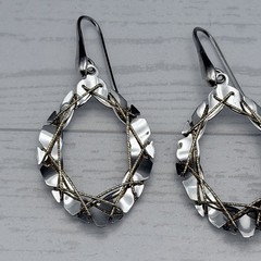 Sterling Silver Dangle Hoop Earrings 925 Two Toned Wire Wrapped Hand Made 2”
