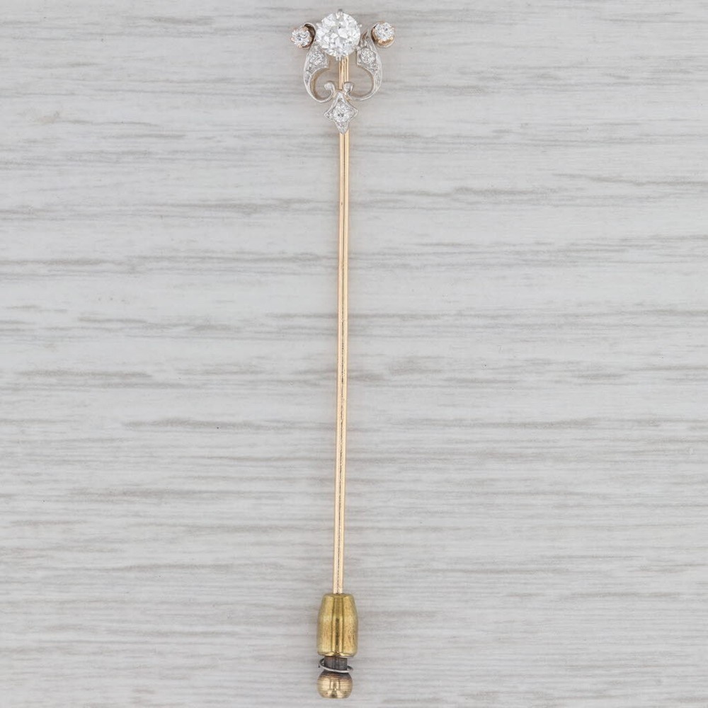 0.48ctw Diamond Stickpin 10k Gold Platinum Antique Pin