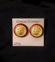 Casual Corner 1980s Vintage Post Earrings Gold Maroon Button Enamel Signed NOS
