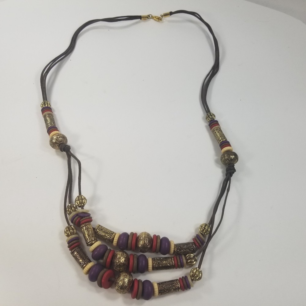 VINTAGE CASUAL CORNER SIGNED MULTI STRAND GOLD TONE BEADED NECKLACE BOHO
