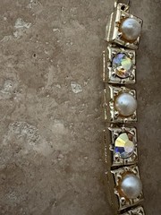 Vintage Aurora Borealis & Faux Pearl Set In Gold-Tone Squares 17” Clip Earrings