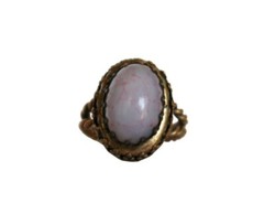 Vtg pink polished stone cabochon brass tone braided open band adjustable ring