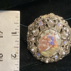 Vintage Porcelain Filigree Courting Couple Art Brooch and Earrings Set