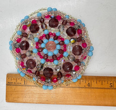 HUGE ROSETTE VINTAGE BROOCH HAND-WIRED GLASS BEADS 4″ COLORFUL ATTRACTIVE FLOWER