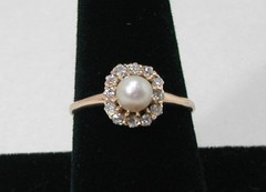 Vintage 10K Yellow Gold Pearl Diamond Halo Ring Statement Size 8.75 417 Solid
