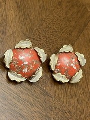 Vintage Judy Lee Earrings Round Coral Tone Cabochon Cluster Clip Ons Signed!
