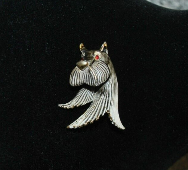 Vtg Gold Tone Enamel LG Lind Gal Scottie Dog Head Brooch Red Rhinestone Eyes