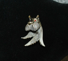 Vtg Gold Tone Enamel LG Lind Gal Scottie Dog Head Brooch Red Rhinestone Eyes