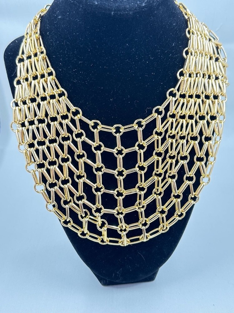 Vintage 1950s Gold Tone Chain Maille Statement Bib Necklace