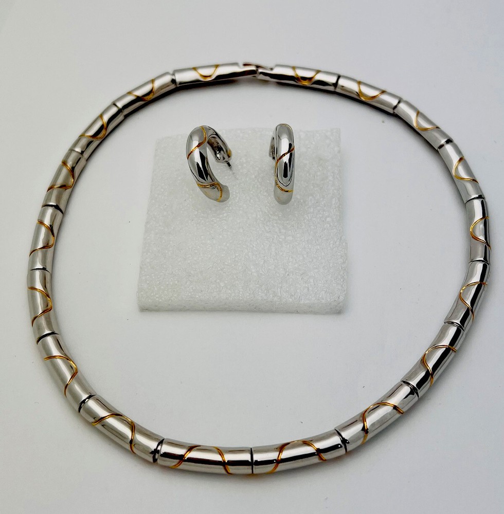 Vintage New Gold/Silver Tone Necklace 17”Pierced Hoop Earrings Set