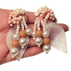 Clip Earrings VTG Rare Pink Chunky Beaded Dangle Mother Of Pearl Retro Beach 70s
