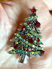 Green AB Rhinestone Christmas Tree Brooch 1.8X1.2 inches