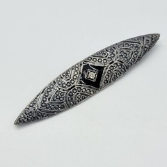 Vintage Art Deco Revival Brooch Black Enamel Gray Metal Marquise Shape