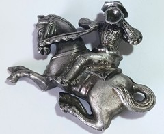 Vintage Pewter? Brooch: Medieval Soldier Blowing Horn on Galloping Horse