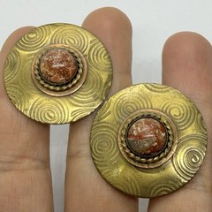 Vtg Big Modernist Mixed Metals Brown Stone Cabochon Statement Earrings Clip-on