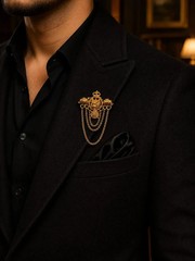 Royal Gold Lion Head Chain Brooch Pin with Elephant Accents | Vintage Men’s Lape