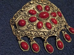 Vintage Central Asian Ethnic Hair Stick Pin Brooch Handcrafted Metal Red Glass