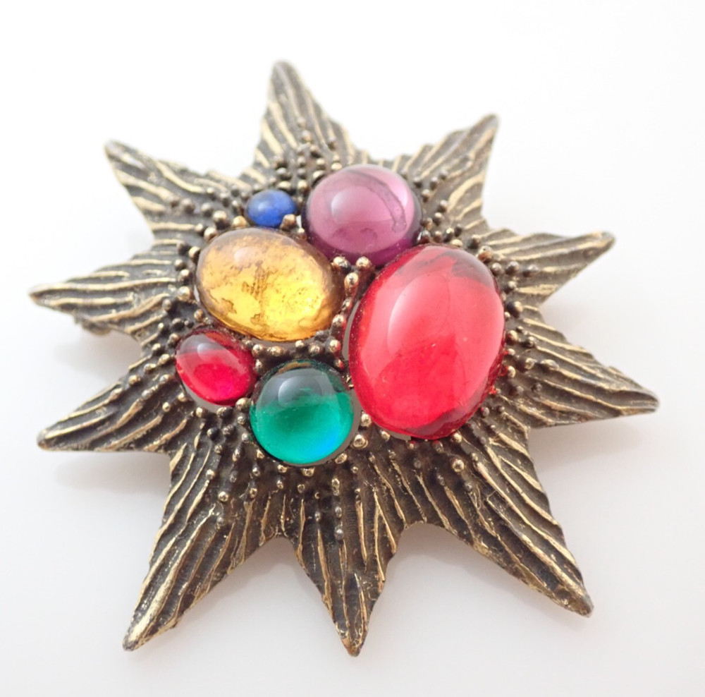 Vintage LG Lind Gal Signed Fruit Salad Cabochons Starburst Brooch Pin