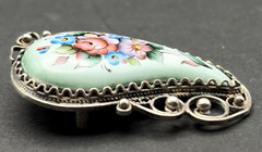 800 Silver Russian Finift Hand Painted Enamel Floral Filigree Paisley Brooch