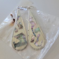 Alpaca Mexican Abalone Teardrop Inlay Dangle Earrings White Enamel