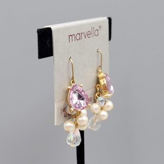 Vintage Marvella Pink Rhinestone White Bead Pierced Earrings Dangle 1.25″