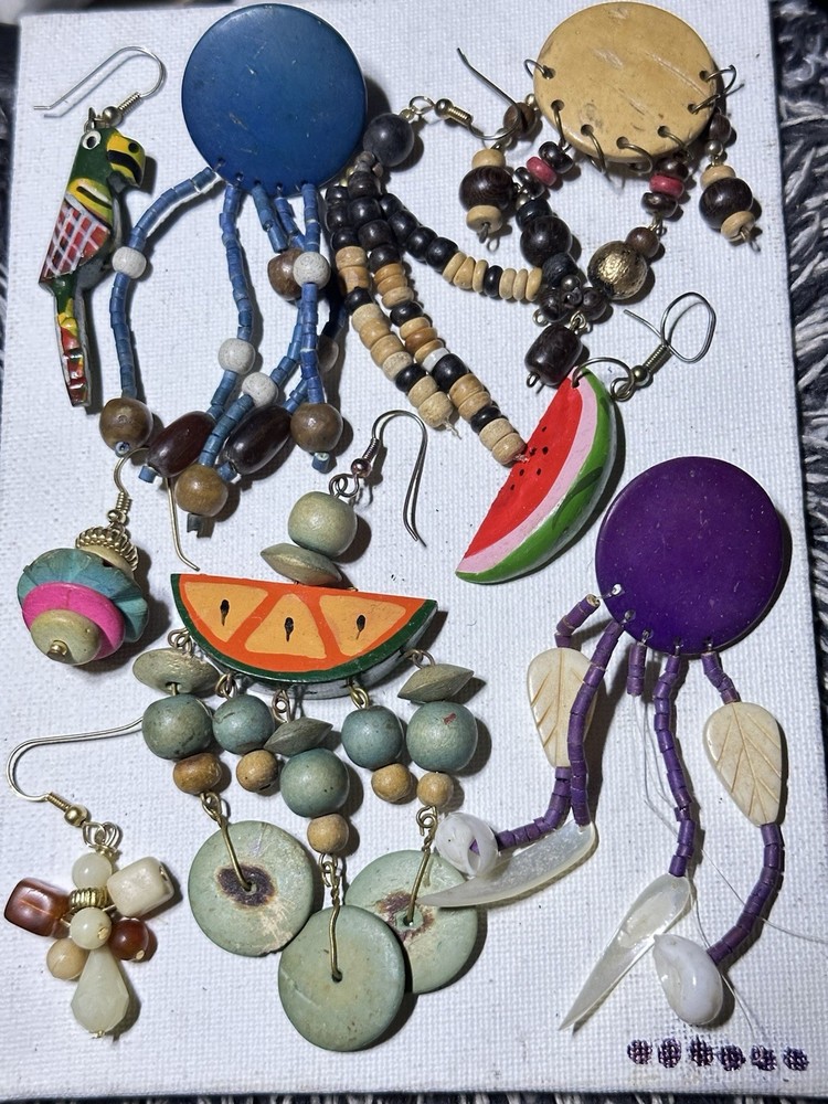Vintage Multicolor Earrings Lot Wood Shell Metal Glass Plastic Fashion
