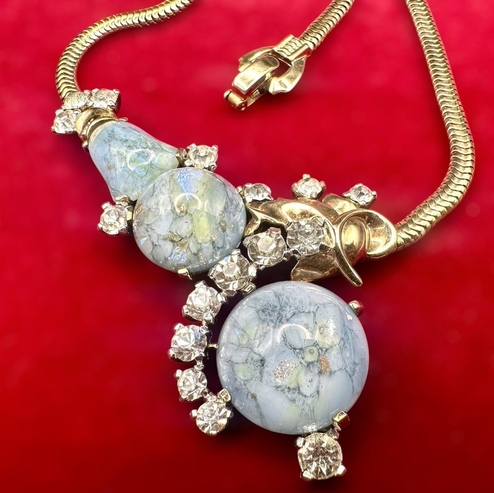 Joseph MAZER BROS Art Glass Blue Gold Cabochon Rhinestone Collar Necklace Jomaz