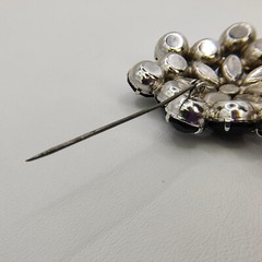 Vintage Black Glass Rhinestone Flower Brooch Pin Silver Tone Art Deco Style