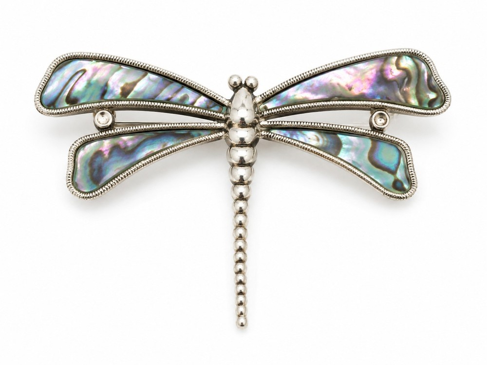 Vtg Dragonfly Insect Brooch Pin Silver Tone w/ Abalone & Crystal Details