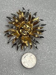 Vintage Gold & Silver Tone Sun Face Brooch Stamped JJ