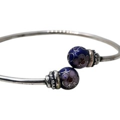 925 Silver Blue Cloisonne Floral Enamel Bead Bangle 1950s-1970s 7.1g