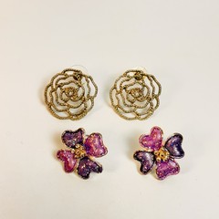 Vintage Y2K Flower Earring Set Purple Gold Floral Studs Whimsygoth Cottagecore